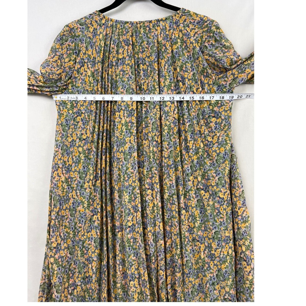 Zara Mini Dress Womens XS Green Floral Pleated Shift Tie Neck Cottage Core - Picture 7 of 11